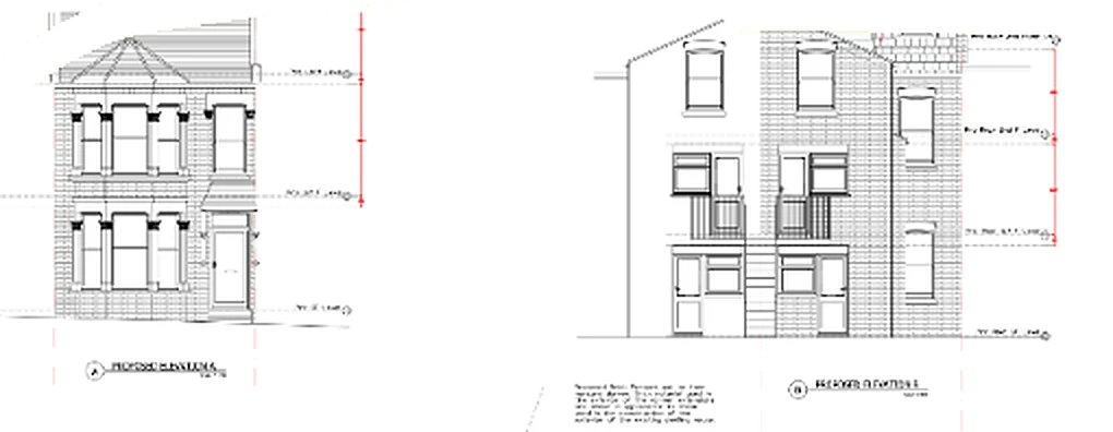 Proposed elevations A and B drawn by AA Drafting for a London house, with levels marked in red