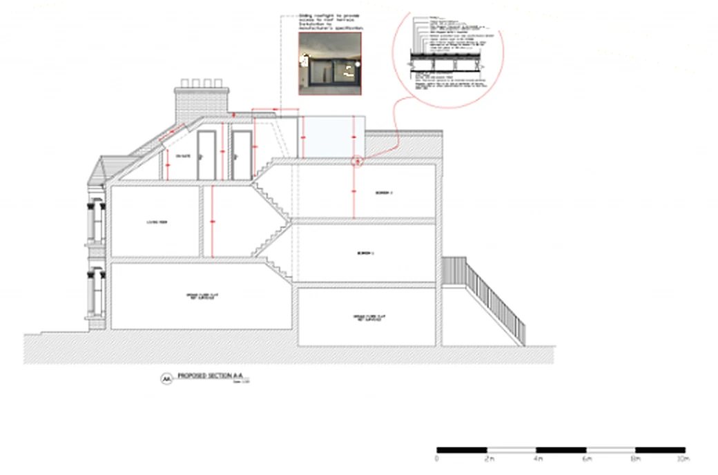 Proposed section A–A drawn by AA Drafting for a London house, showing floor levels, the staircase and a rooflight detail
