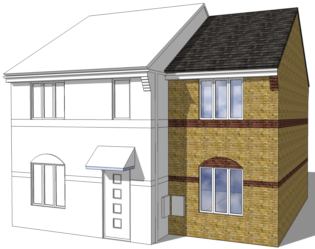 3D model of a two-storey London house extension in yellow stock brick with red brick banding