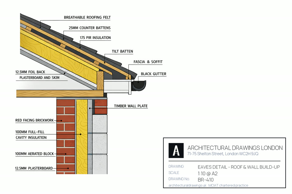 Building regulations drawing for a London extension — construction section with insulation, damp-proof course and foundation notes for Building Control