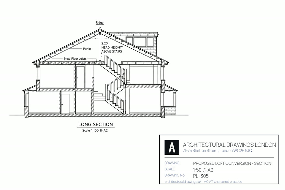 Loft conversion section drawing for a London terraced house — dormer, head height, stair and floor joist detail at 1:50