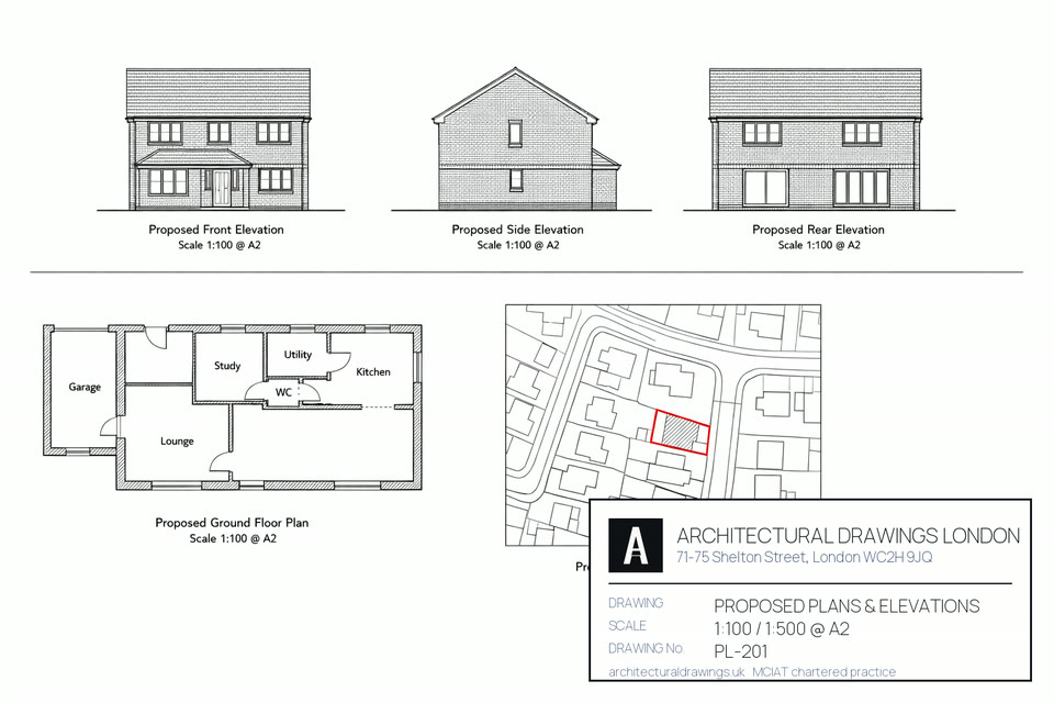 Planning application drawing set for a London house — proposed front, side and rear elevations at 1:100, ground floor plan and 1:1250 location plan