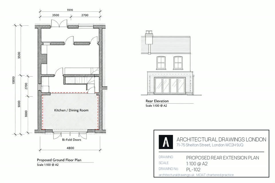 Proposed plan for architectural drawings in North Lambeth — existing footprint in solid hatch, the new projection dimensioned against it