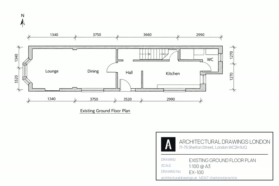 Existing ground floor plan at 1:100 of a London Victorian terraced house — surveyed walls, room labels and running dimensions, from an anonymised Wandsworth planning submission