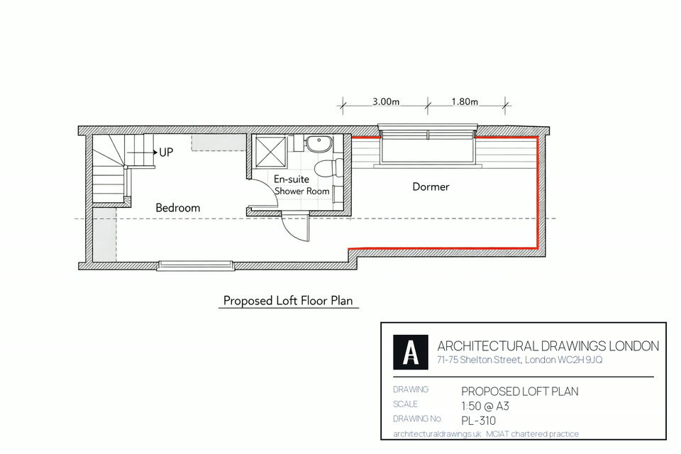Proposed loft conversion plan at 1:50 for a London semi-detached house — rear dormer, bedroom and en-suite layout with the 1.5m head-height line marked