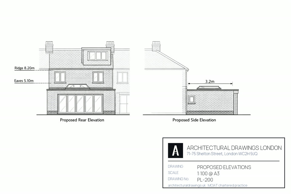Proposed rear and side elevations at 1:100 of a London terraced house with a 3.2m single-storey rear extension, ridge and eaves heights dimensioned