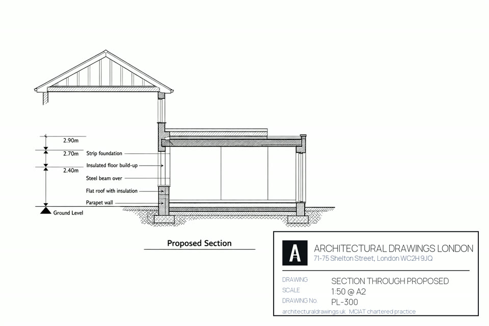 Section at 1:50 through a proposed single-storey rear extension in London — floor build-up, flat roof insulation zone, steel beam at the existing rear wall and floor-to-ceiling heights