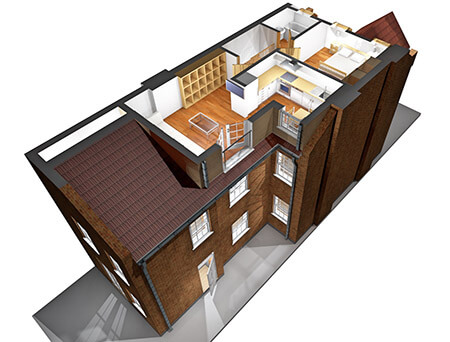 L-shape mansard loft conversion proposed elevation and floor plan — anonymised London Victorian terrace sample