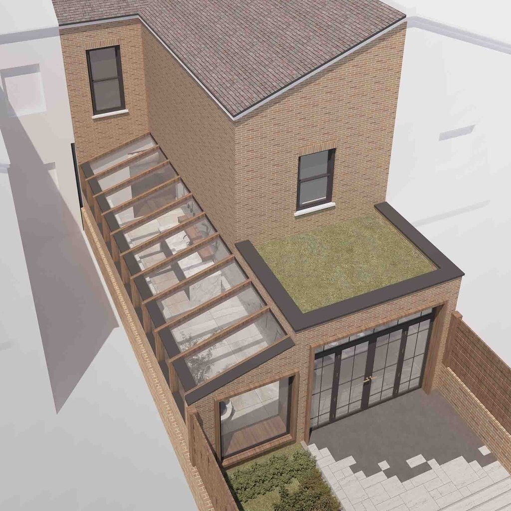 Existing and proposed ground-floor plan — anonymised wraparound rear extension sample, London Victorian terrace