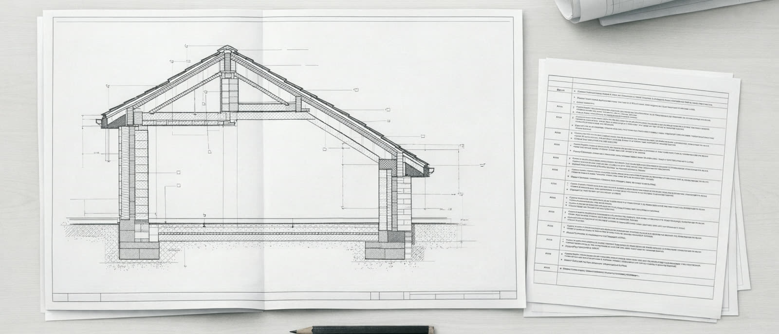 A building regulations drawing pack open on a desk — a construction section sheet and its specification schedule — structural engineering calculations in Croydon