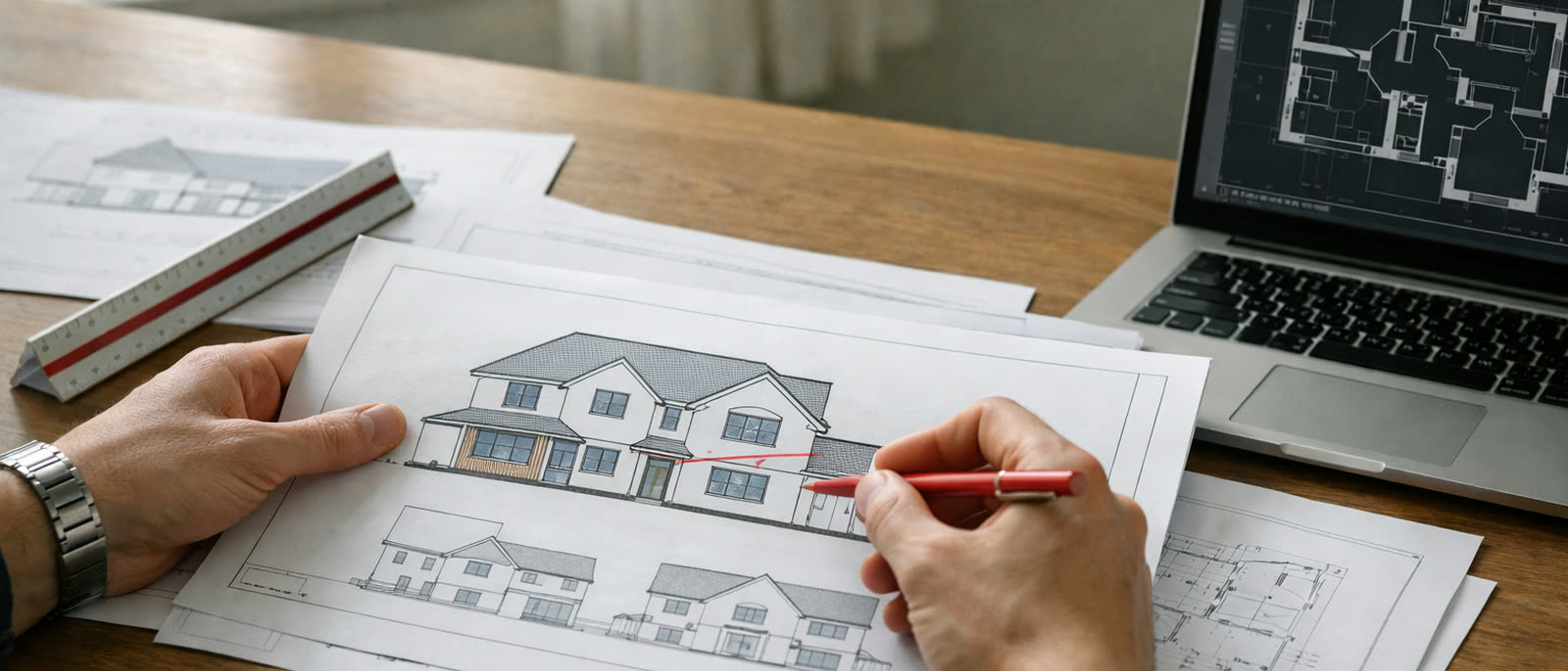 An architectural technologist checking a printed set of house drawings, marking a proposed elevation in red — architectural drawings in Banstead
