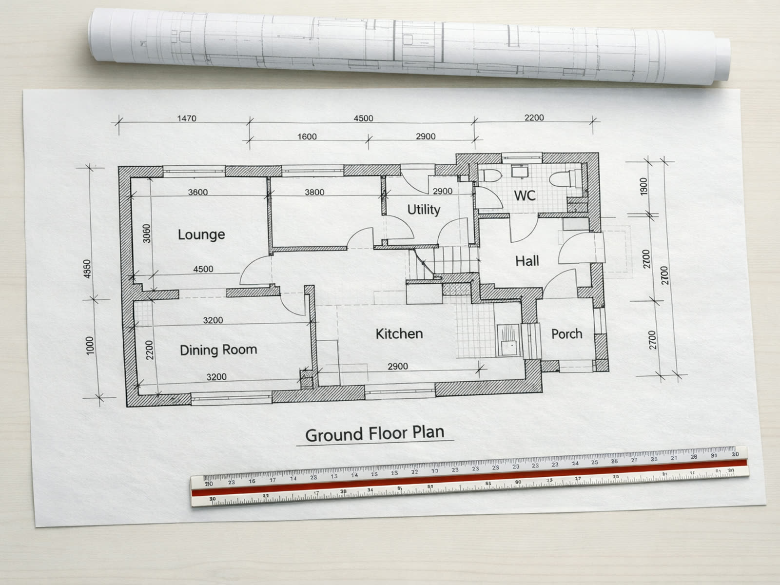 Dimensioned ground floor plan of a London house with lounge, dining room, kitchen, utility, WC, hall and porch