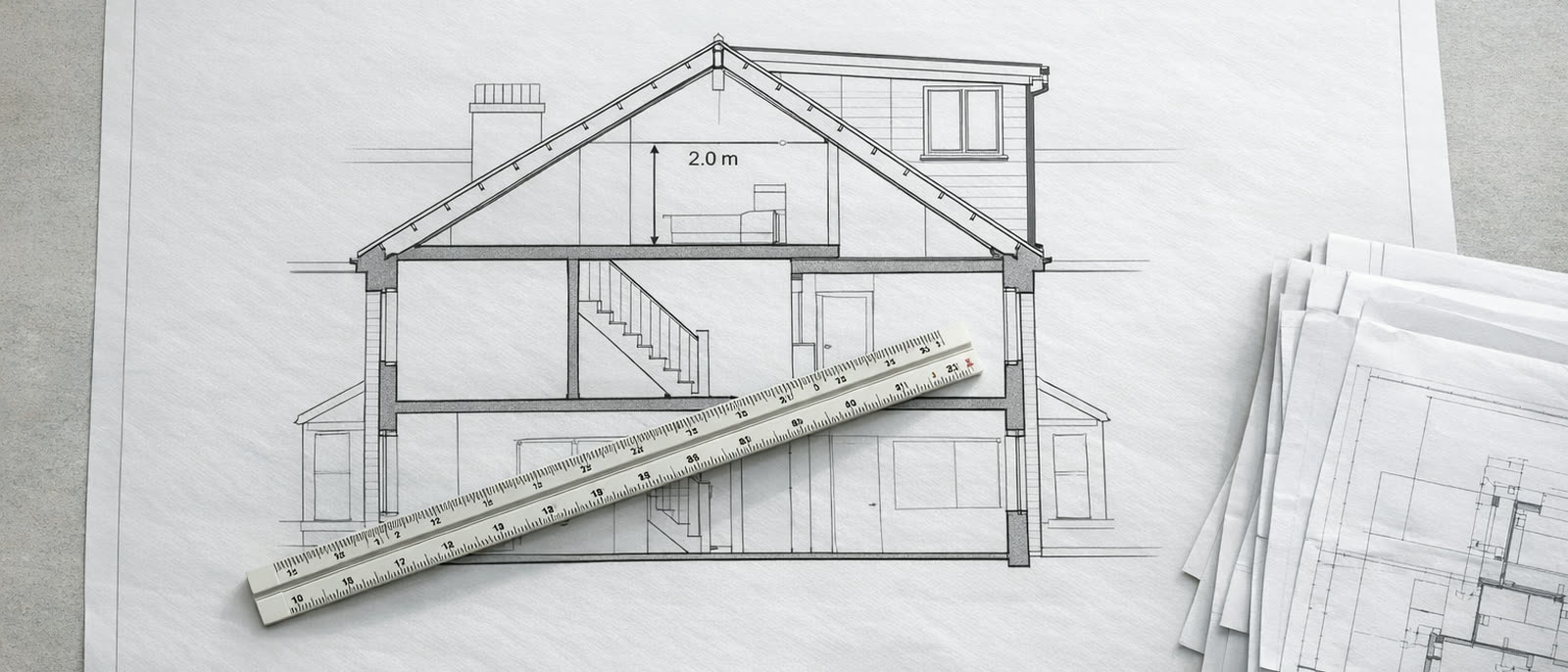 A printed loft conversion section drawing — rafters, ridge, the new dormer and a dimensioned head height — loft conversions in Highgate (Haringey)