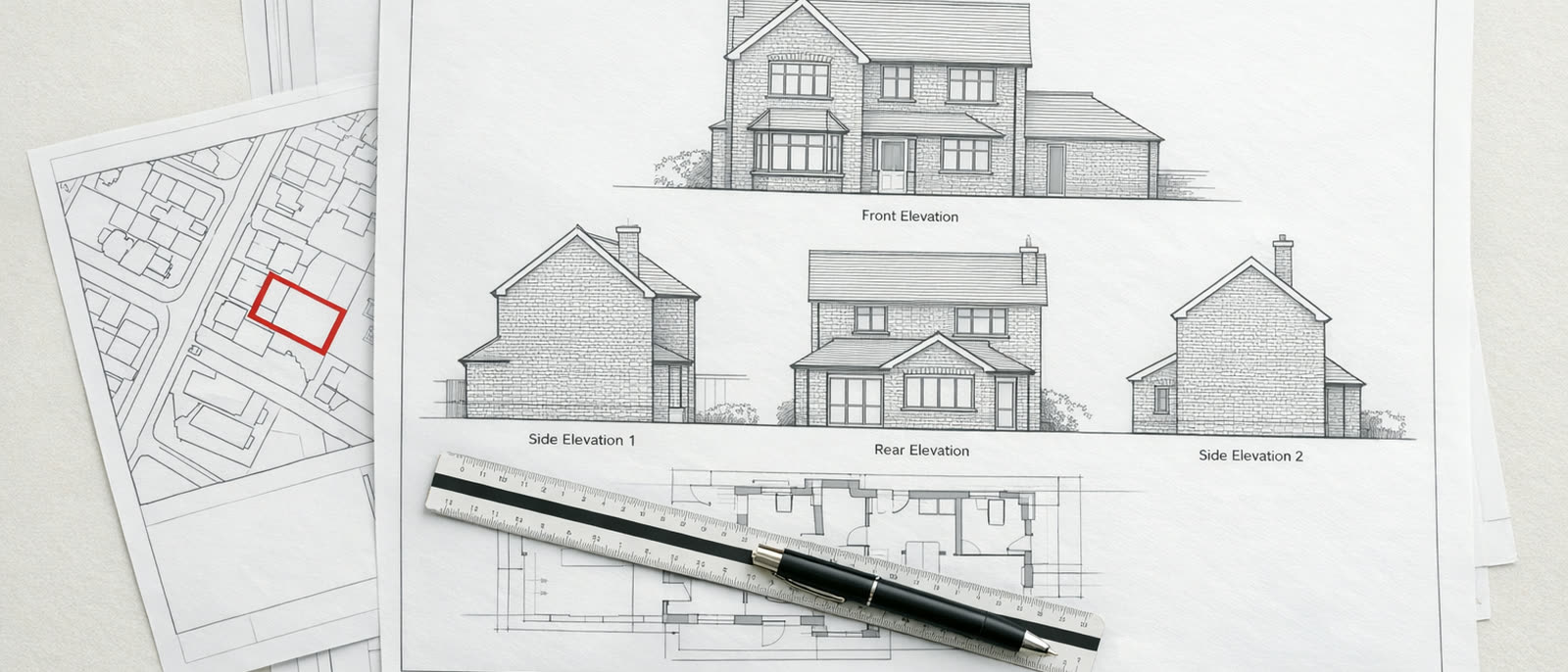 A printed planning application drawing set — proposed elevations, floor plans and the os location plan with the site outlined in red — architectural drawings in West Lambeth